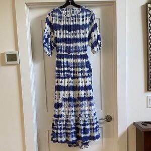 Mango Navy and White Short Sleeve Dress with Cut Out Back